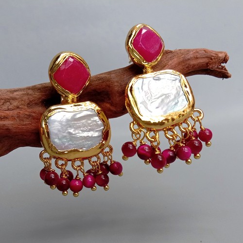 Cultured White Pearl Fuchsia Jade Tiger Eye Stud Earrings Dangle Fashion Earring - Picture 2 of 6