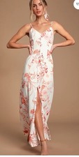 Lulus Crista Rust Orange White Floral V Neck Botanical Button Front Maxi Dress