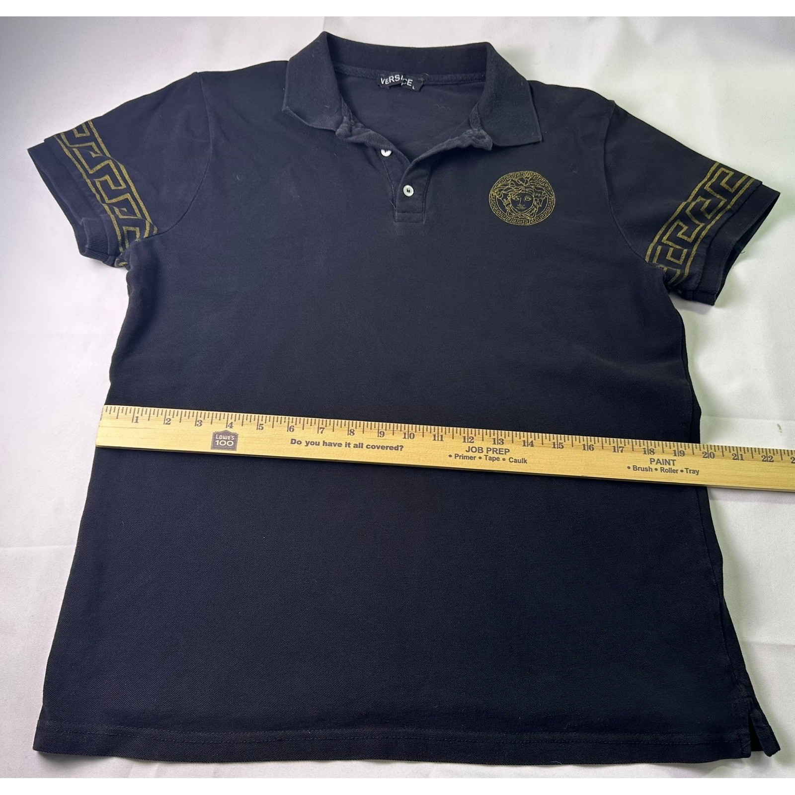 Versace Black Gold Medusa Head Back Logo Greca Sleeve Trim Polo Shirt Mens Large thumbnail 7