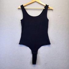 Madewell Black Scoop Neck Bodysuit Small Thong Back Ribbed Knit Snap Closure Top