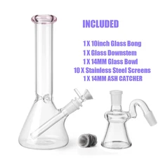 10" Glass Beaker Bong Ash Catcher Pink Smoking Tobacco Pipe 14MM Bowl Screen