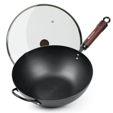 Carbon Steel Wok, 12.5 Inch Stir Fry Pan with Lid, Natural Non-Stick Flat Bot...
