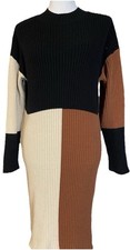 Andre By Unit Ribbed Sweater Dress Women’s Sz M Brown Black Colorblock Classic