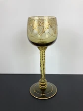  Solid Amber Green Moser Wine Goblet With Twist Stem & Gold Enamel Highlights
