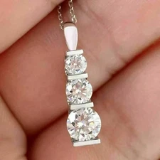 2.00Ct Round Cut Lab Created Diamond Three Stone Pendant 14K White Gold Finish