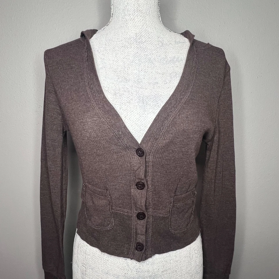 Sudadera con capucha recortada vintage Y2K Energie con botones para mujer L marrón bolsillo acanalado Foto 2 de 4