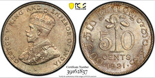 50 Cents 1921 B Mumbai EMPEROR George V Sri Lanka Ceylon MS64 PCGS Only 800K!!