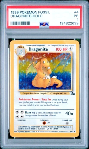 PSA 1 PR 1999 Pokemon Fossil Dragonite Holo 4/62 Holo Foil WOTC Unlimited