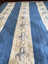 Antique Hand Embroidered Quilted Blue And White Flower Baskets Quilt