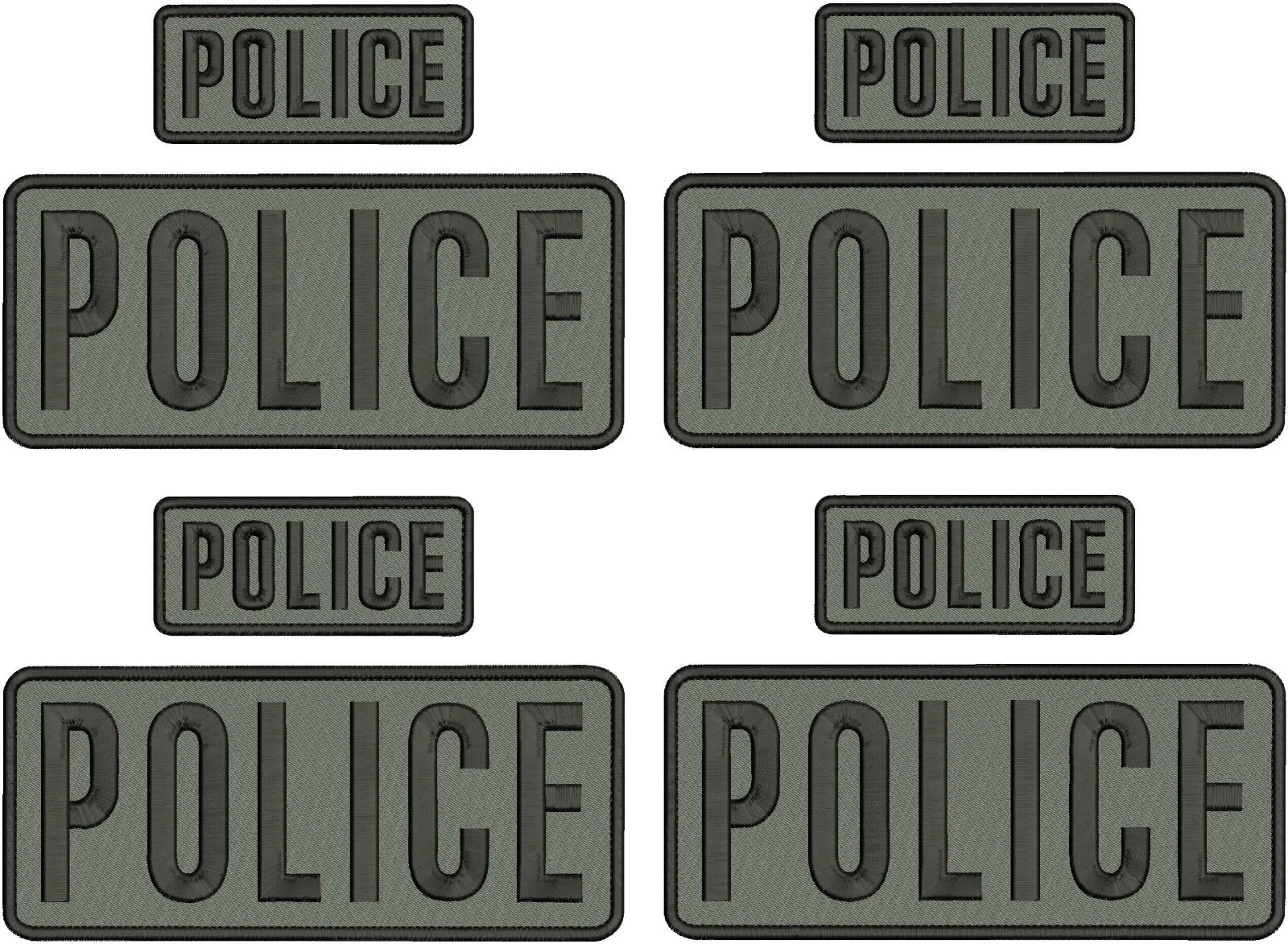 POLICE 8 EMBROIDERY PATCHES 3X8 AND 2X5 HOOK ON BACK BLACK BLACK ON OD GRAY