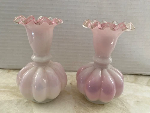 Fenton Vintage Pair Cased Milk Pink Art Glass Crimped Vase Ruffled Edge