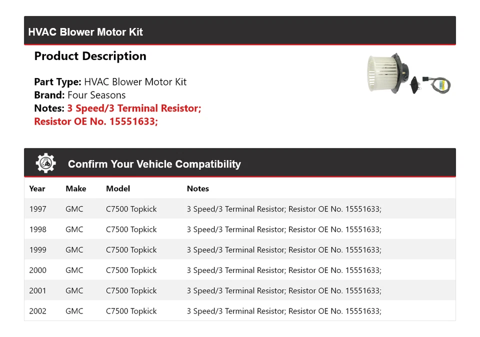 Kit de motor soplador de climatización Topkick para GMC C7500 1997-2002 4 estaciones 1998 1999 2000 Foto 2 de 3