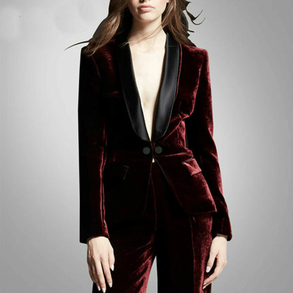 Burgundy Velvet Formal Pant Suits Women's Ladies Party Evening Prom Wedding  Suit