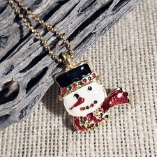 Christmas Snowman Green Red Black Gold Enamel Holiday Pendant Necklace