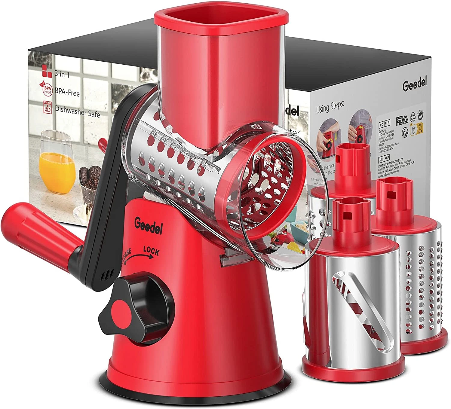 Rotary Cheese Grater & Mandoline Vegetable Slicer with 3 Interchangeable Blades