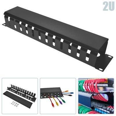 2U Network Rack Mount Horizontal Cable Manager 12-Finger Duct Panel with Cover