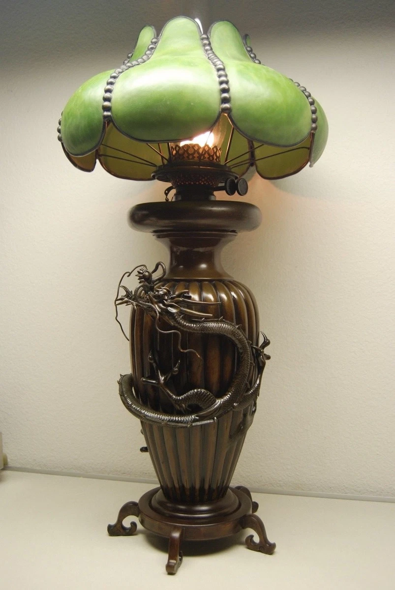 ANTIQUE CHINESE JAPANESE BRONZE MEIJI KEROSENE OIL ART NOUVEAU DECO DRAGON LAMP