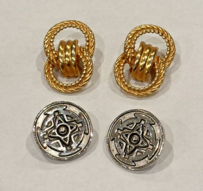 GJD GINNIE JOHANSEN GOLD KNOT SILVER TRIBAL LOT 2 PAIR CLIP ON EARRINGS VINTAGE