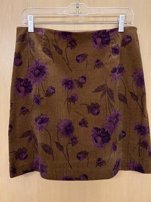 Vintage ANN TAYLOR Y2K Mini Stretch Skirt Brown Corduroy Purple Floral Print 10