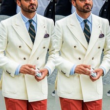 Biege Men's Suit Linen 2Pcs Peak Lapel Business Formal Tuxedo Summer Jacket