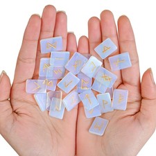 Opalite Rune Stones Set with Elder Futhark Alphabet, Pouch  Guide, 20-25mm
