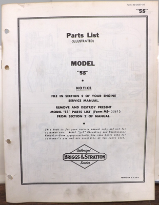 #ad #ad VTG. BRIGGS amp; STRATTON ENGINE MODEL 5S PARTS LIST FROM DEALER SERVICE MANUAL $14.32