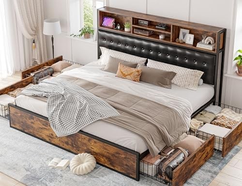 King Size Bed Frame with 4 Storage Drawers King Bed Frame and Headboard ...