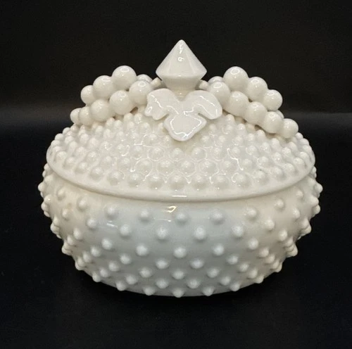 Vintage Fenton Milk Glass Hobnail Oval Covered Candy Dish w/ Lid Grape Motif
