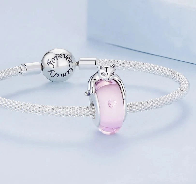 Charm Perle Rosa 925 Silber Murano Glas Katze - Anhänger für Pandora Armband - Bild 2 von 3