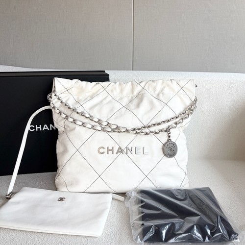 Chanel 22 Small Hobo Bad White Smooth Calfskin Silver HW Drawstring Chain Tote