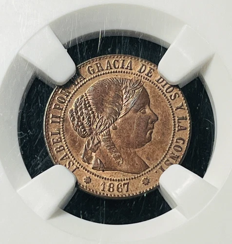 Spain OM 1867 1/2 Medio Centimo NGC MS62BN Con Mucho Brillo Rojo Original, C26