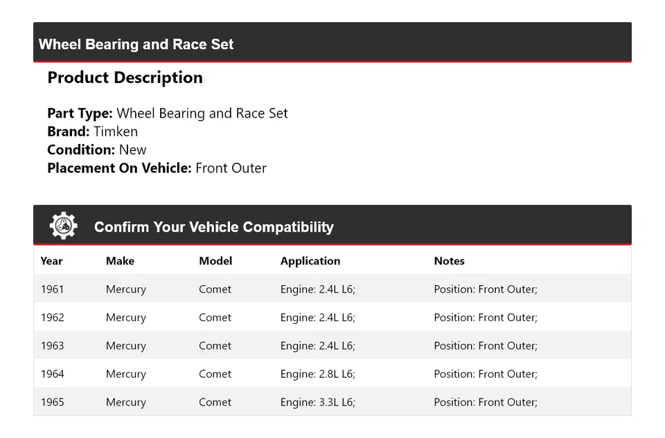Juego de cojinetes de rueda y carreras delantero exterior Timken 1962 para Mercury Comet 1961-1965 Foto 2 de 4
