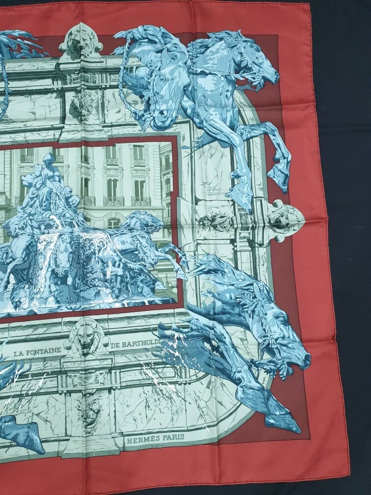 Authentic Hermes Silk Scarf “LA FONTAINE DE BARTHOLDI” By RYBAL 90x90cm