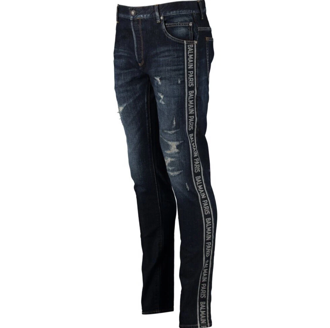 Balmain — BALMAIN Paris Blue Distressed Logo Side Stripes Jeans - Made In Japan