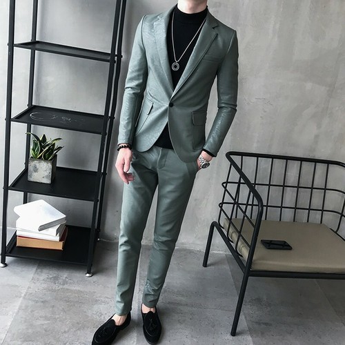 Men's Slim Fit Leather Suit 2PCS Jacket 