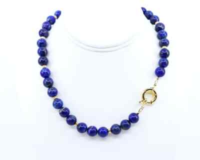 Large Round Blue Lapis Beaded Necklace, Big Bold Rich Lapis Lazuli & Yellow Gold