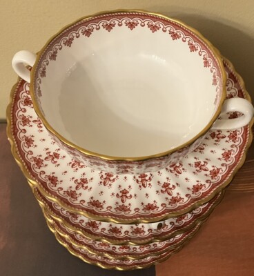 Spode Fleur de Lys Red 4 Sets Cream Soup Bowl Cup Saucer Gold Trim