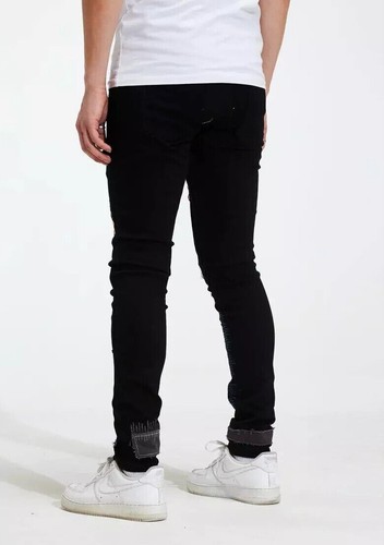 Crysp Denim Men's Embroidered Floral Patchwork Distressed Rip Skinny Fit Jeans - Picture 4 of 5