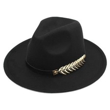 Black Wide Brim Fedora Hat Gold Leaf Band Unisex Felt Panama Jazz Cap Stylish