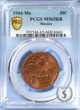 1944-Mo Mexico 20 Centavos PCGS MS65RB KM#439 - Gorgeous Red & Magenta Tones
