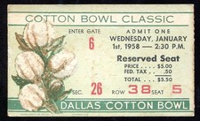 1958 Cotton Bowl Ticket Stub Navy vs. Rice