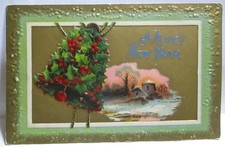 1910 POSTCARD HAPPY NEW YEAR, HOLLY BERRIES BELL, COUNTRY HOME