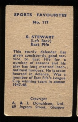 Trade Card, A&J Donaldson, Sportfavoriten, 1953, S Stewart, East Fife, #117