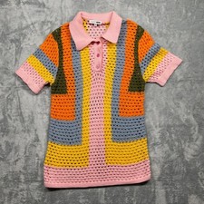 Fashion Nova Womens Crochet Polo Striped Knit Short Sleeve Shirt Size L