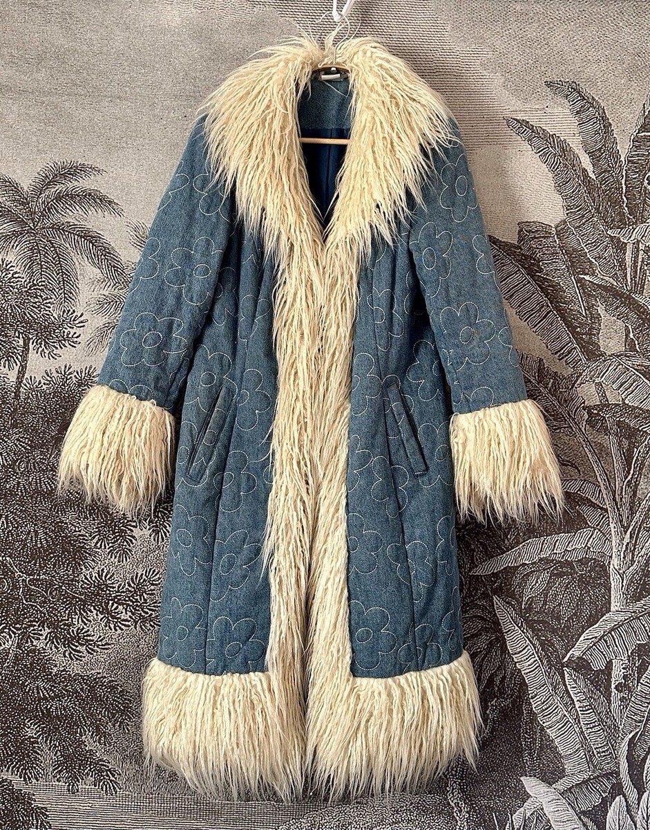 SKINNYDIP Afghan Coat Long Denim Jacket 70s Y2K Hippy Boho Floral
