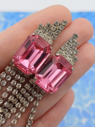 Stunning Vintage? Art Deco Style Pink Glass & Rhinestone Waterfall Drop Earrings - Picture 3 of 9