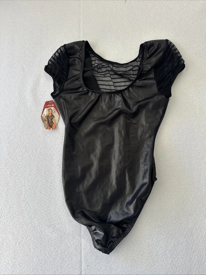Allure 人造皮革网眼紧身衣裤黑色短袖透明面板全新带标签 L/XL 码 — 第 3/4 张图片