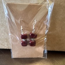 Red Square Beaded Dangle Drop Hook Earrings