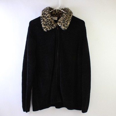 VTG Basic Editions Damen L Schwarz Fake-Fell Kragen Chenille Full-Zip Pullover