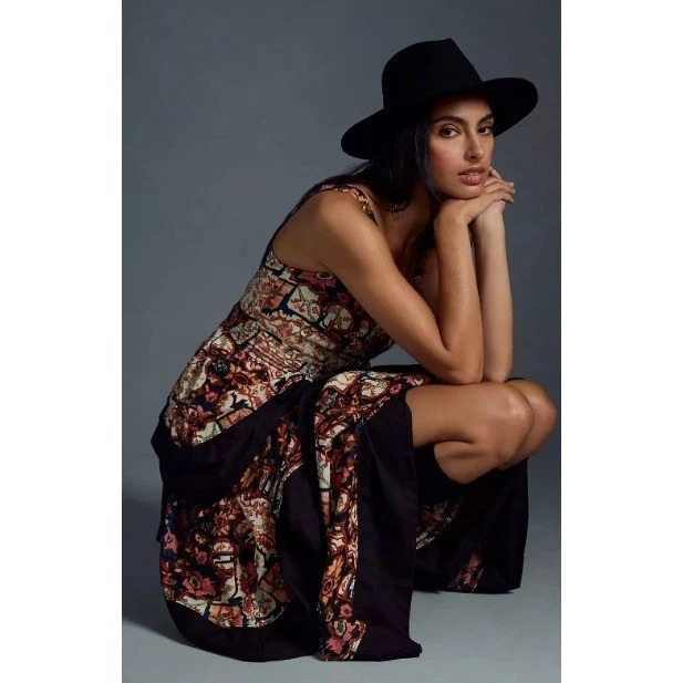 Anthropologie Floral Print Square Neck Tiered Midi Boho Dress Womens Size XS EUC - Image 3 of 4